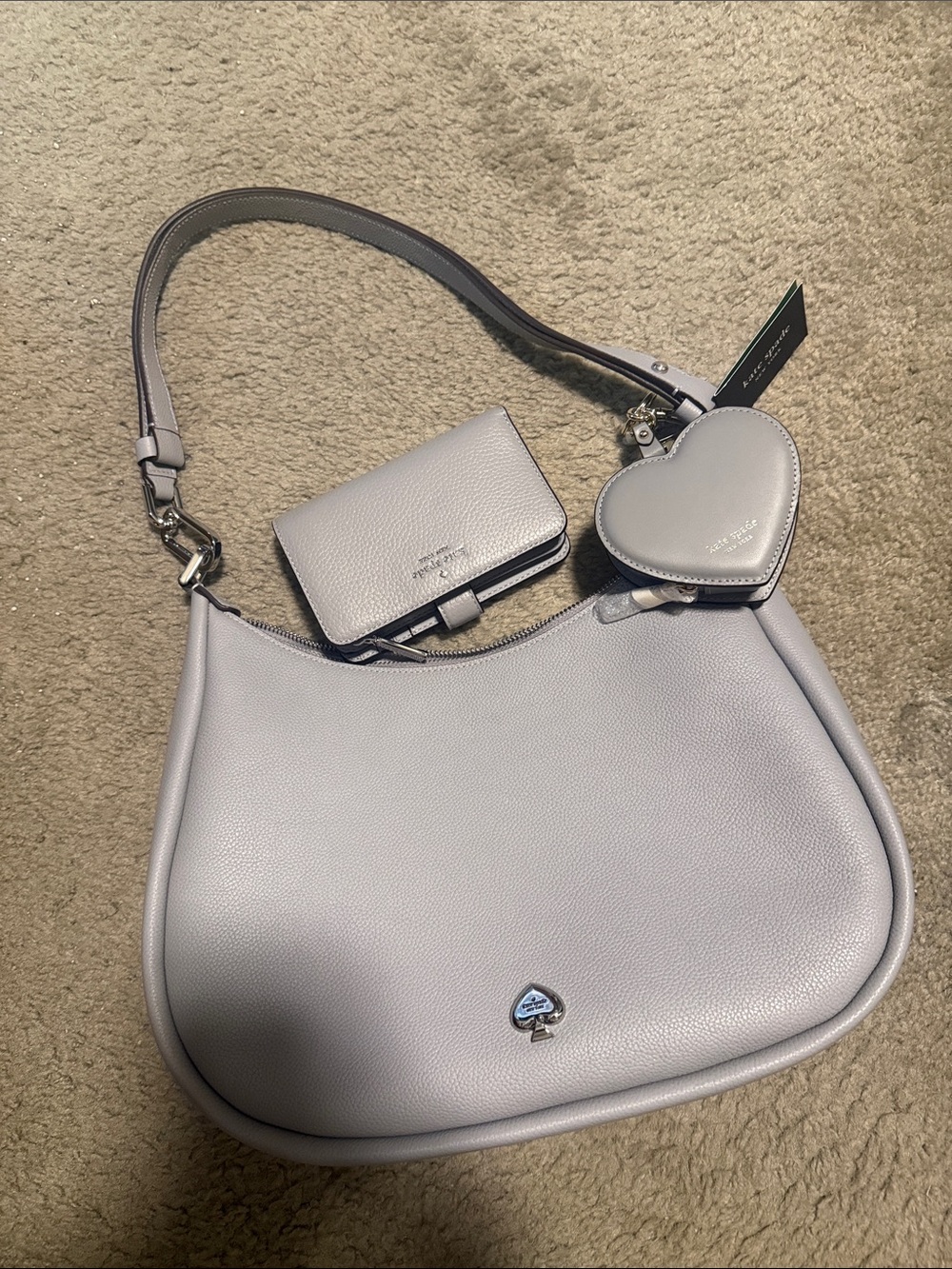 Kate Spade light grey Pebbled Leather Shoulder Bag with Heart Pouch and wallet